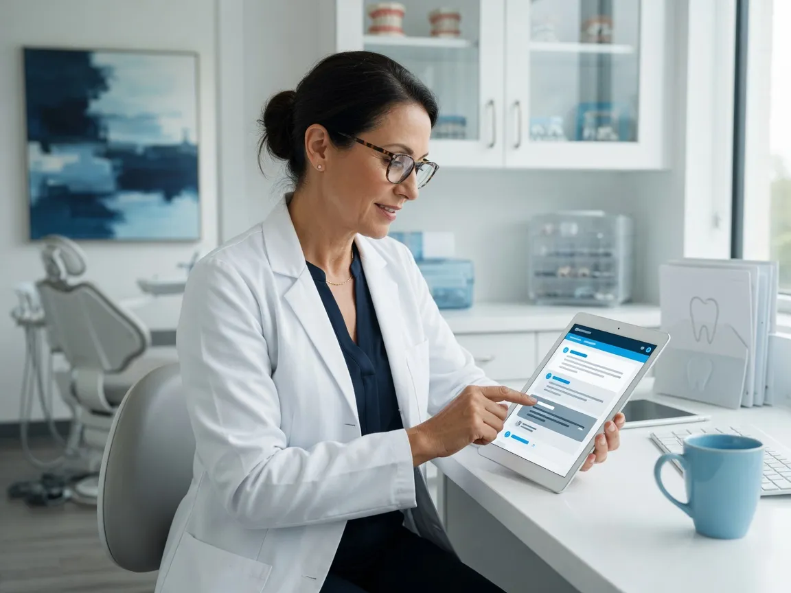 Practice owner reading answers on a tablet
