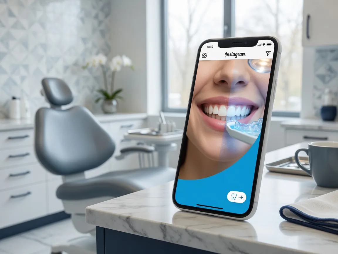 Instagram ad for a dental whitening consultation on a phone