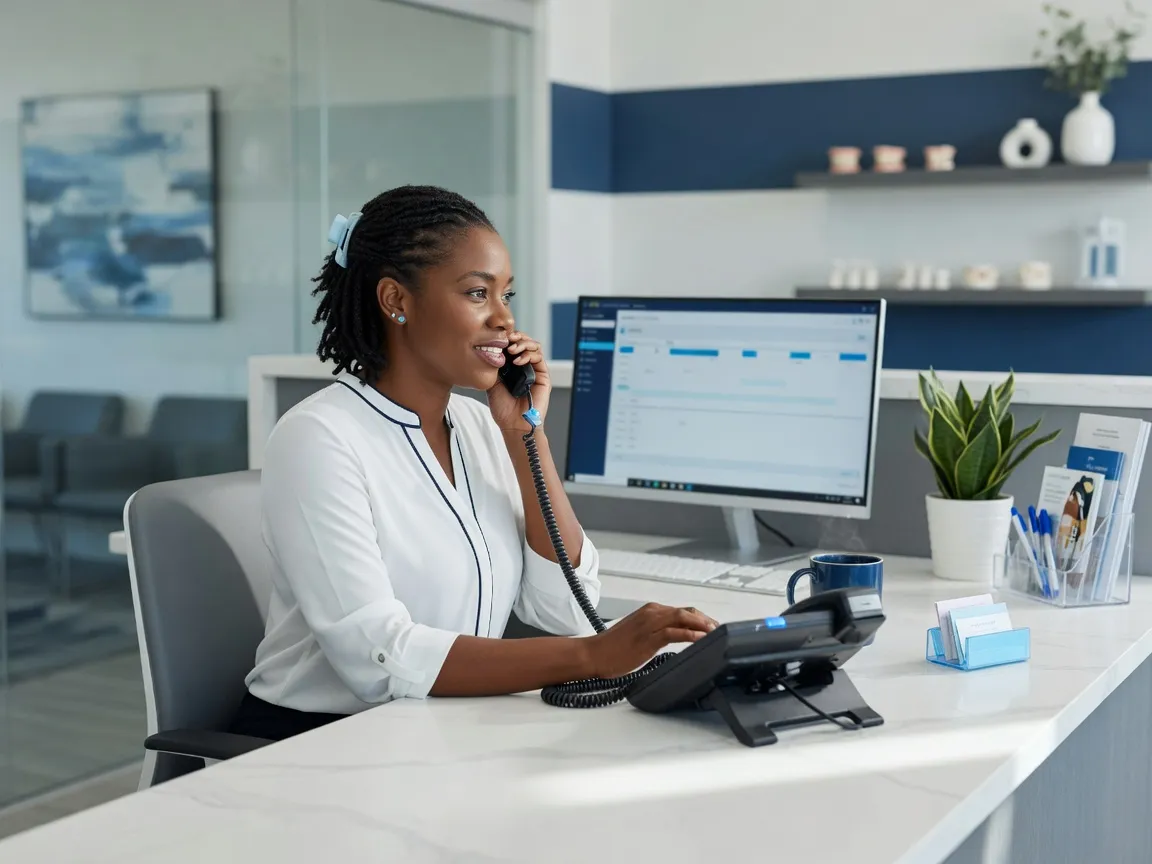 Dental receptionist answering a call on a desk phone headset