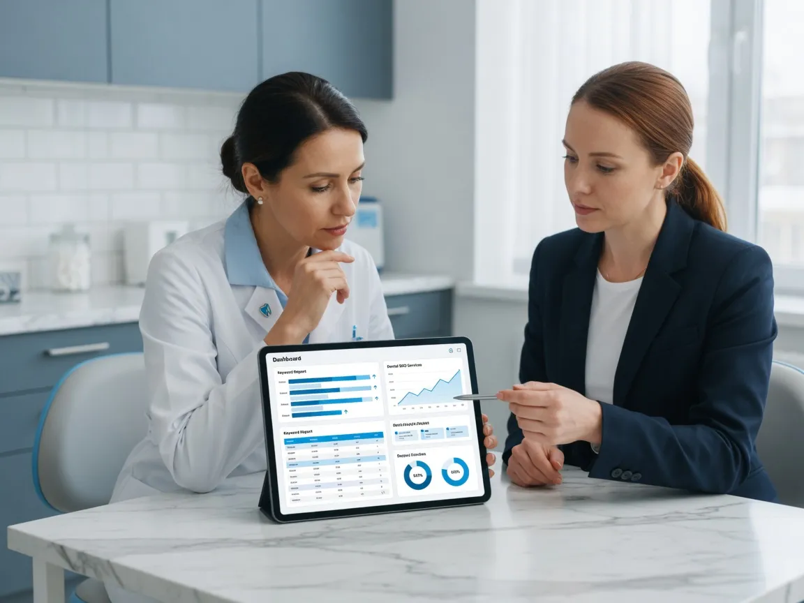 Dentist and marketing specialist reviewing a keyword report