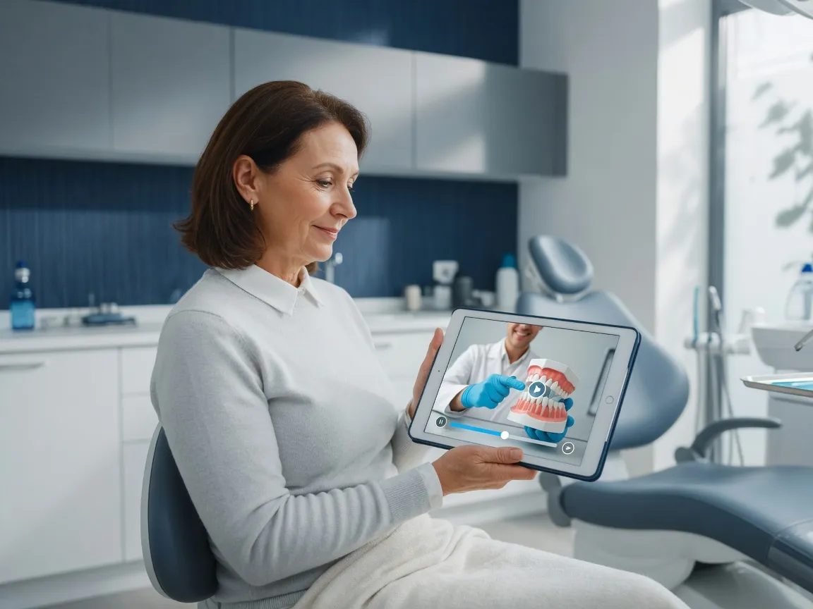 Patient watching a treatment explanation video on a tablet