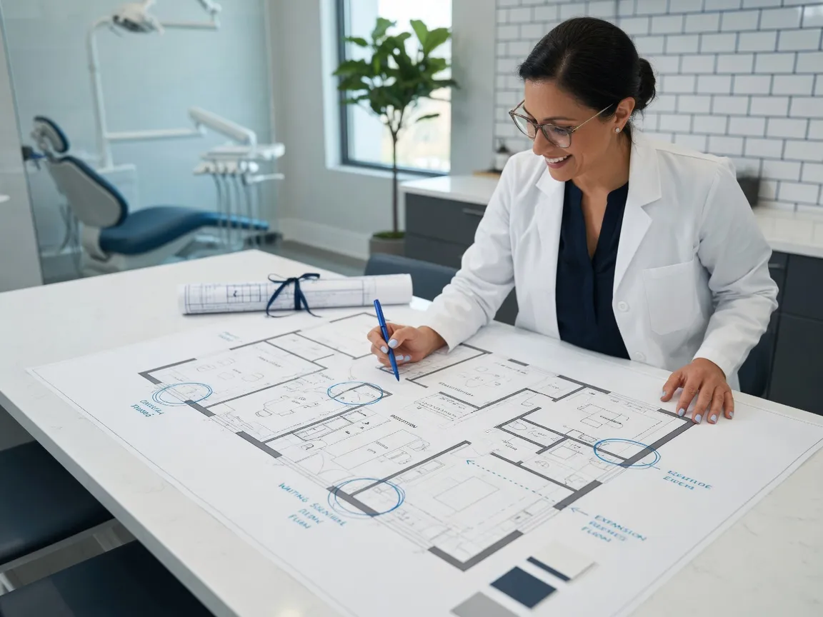 Dentist reviewing an expansion floor plan