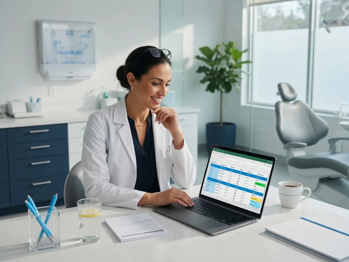 Dentist reviewing new-patient calls on a laptop in a modern dental office