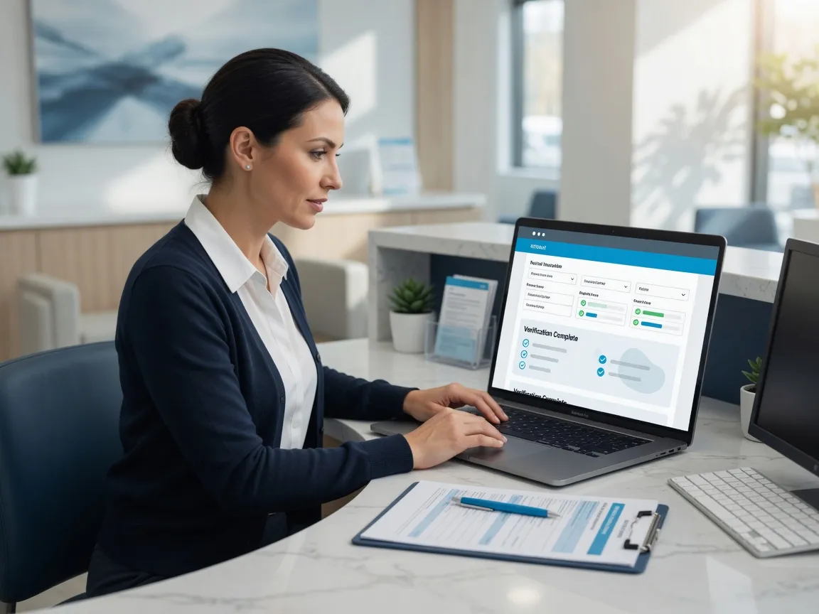 Front desk staff reviewing insurance details on a screen