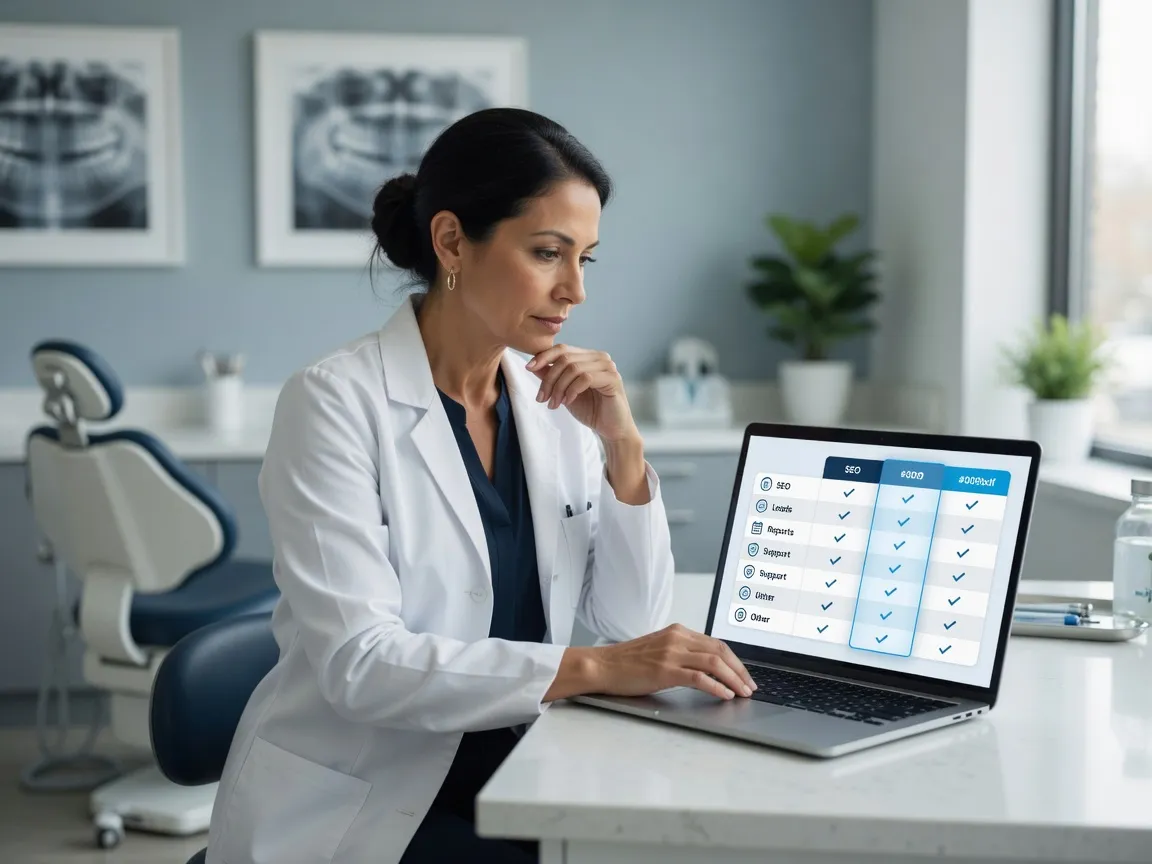 Practice owner comparing plan features on a laptop