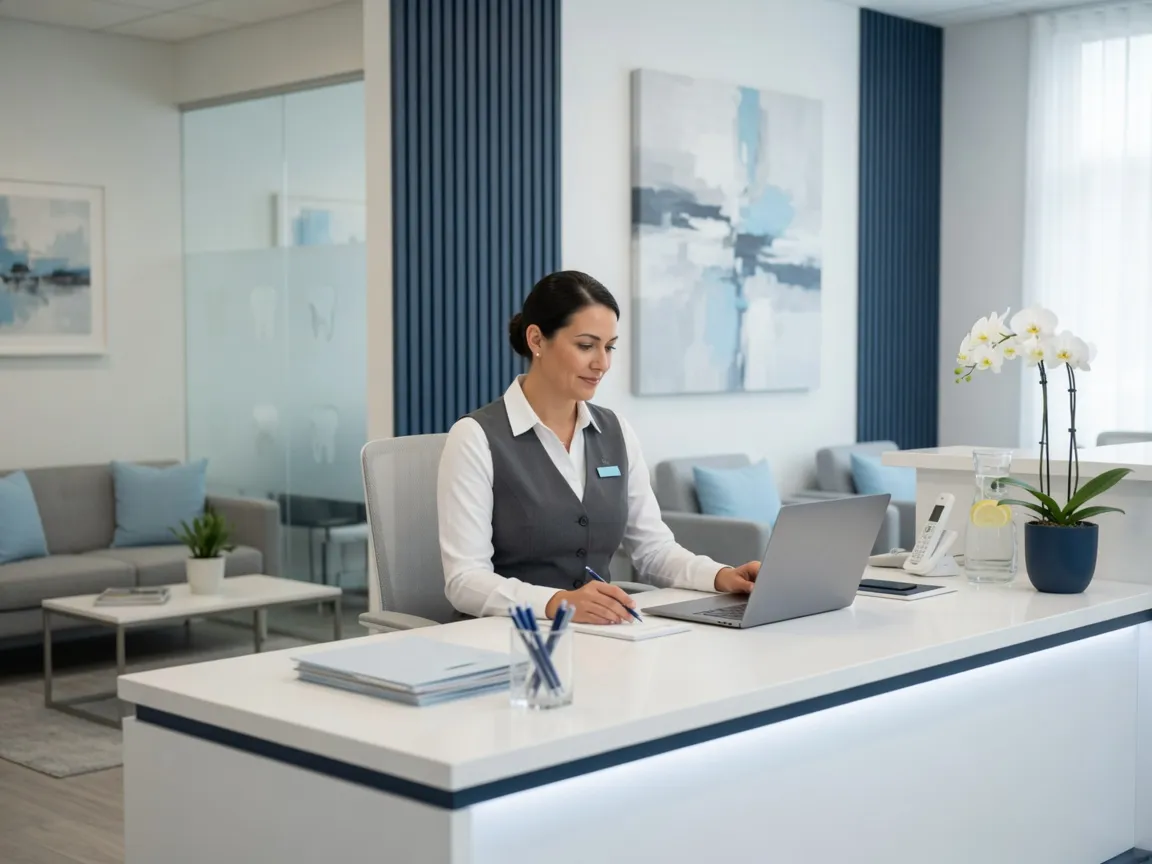 Front desk team member working calmly at a tidy reception desk