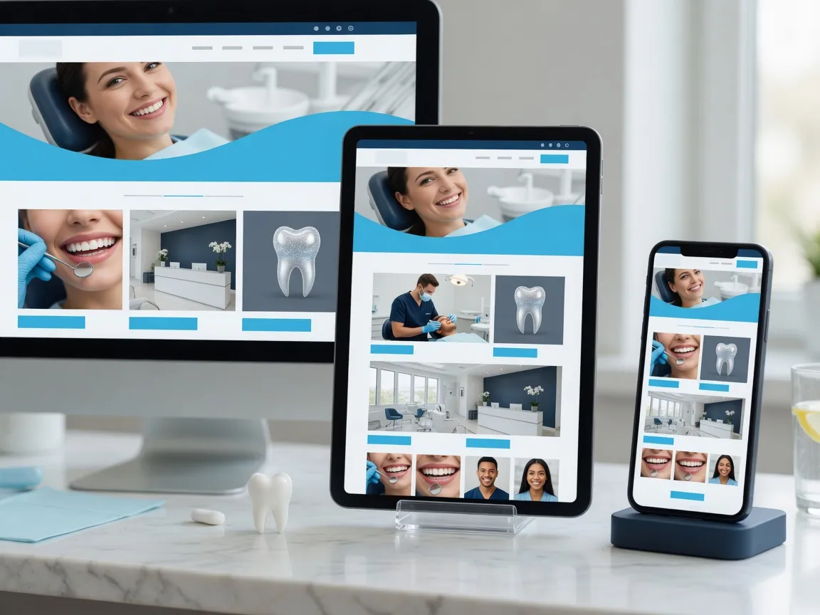 Responsive dental website shown on desktop, tablet and phone